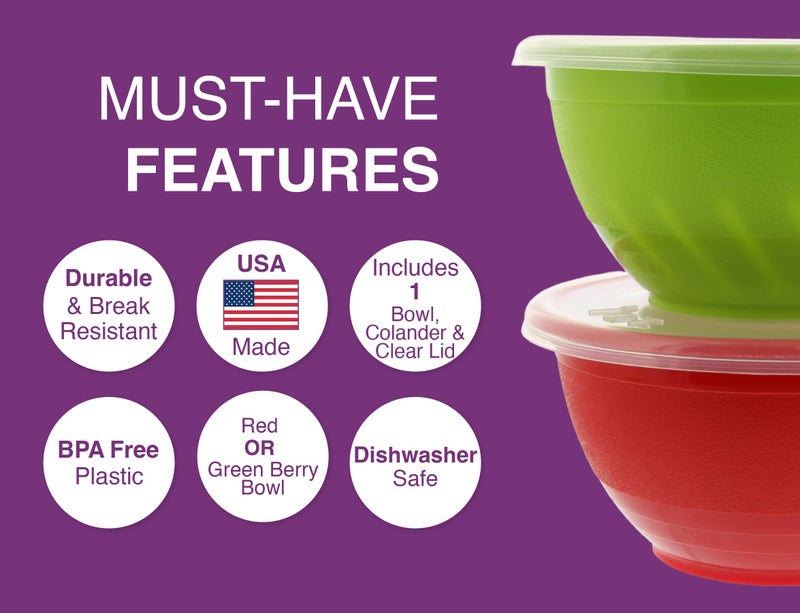 Arrow Home Products Berry Bowl & Berry Colander Set - Fruit Strainer Container with Lid, Rinse Store & Serve - Made in USA, Dishwasher Safe, BPA Free, 1 Quart, Assorted Colors (Either Red or Green) - Image 3